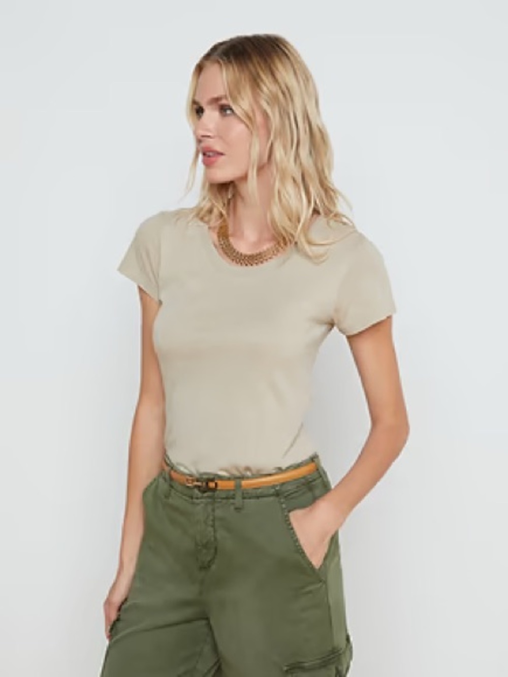 L'AGENCE Cory Cotton Neutral Ribbed Short Sleeve Scoop Neck Biscuit Tee SZ XS